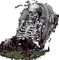 skeleton half in the grave drinking wine with glowing red eyes